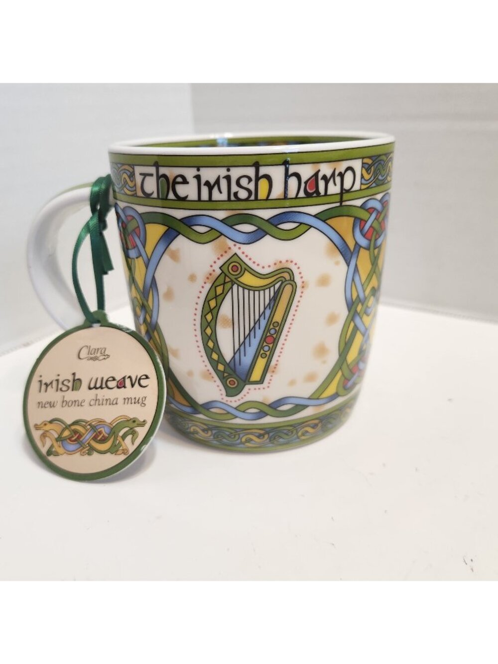 Clara Irish Weave Bone China Mug With Celtic Irish Harp Motif & Knotwork Design